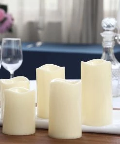 HIER_3720 Chargers & Centerpieces Set Of 5 - Ivory Flickering Flameless LED Candles - Color Changing Battery Operated Pillar Candles With Remote - 4", 5", 6"