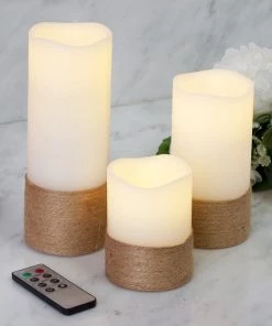 HIER_3720 Set Of 3 | Flameless Candles Natural Brown Twine | Battery Operated LED Pillar Candle Lights With Remote Timer - 4"|6"|8"
