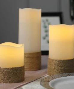 HIER_3720 Set Of 3 | Flameless Candles Natural Brown Twine | Battery Operated LED Pillar Candle Lights With Remote Timer - 4"|6"|8"