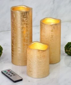 HIER_3720 Chargers & Centerpieces Set Of 3 | Metallic Gold Flameless Candles | Battery Operated LED Pillar Candle Lights With Remote Timer - 4"|6"|8"