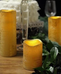 HIER_3720 Chargers & Centerpieces Set Of 3 | Metallic Gold Flameless Candles | Battery Operated LED Pillar Candle Lights With Remote Timer - 4"|6"|8"