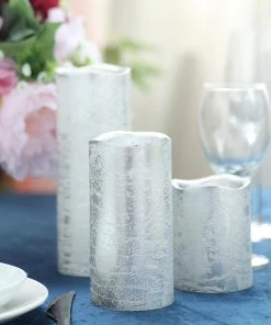 HIER_3720 Set Of 3 | Metallic Silver Flameless Candles | Battery Operated LED Pillar Candle Lights With Remote Timer - 4