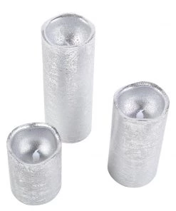 HIER_3720 Set Of 3 | Metallic Silver Flameless Candles | Battery Operated LED Pillar Candle Lights With Remote Timer - 4