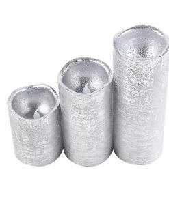 HIER_3720 Set Of 3 | Metallic Silver Flameless Candles | Battery Operated LED Pillar Candle Lights With Remote Timer - 4