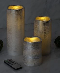 HIER_3720 Set Of 3 | Metallic Silver Flameless Candles | Battery Operated LED Pillar Candle Lights With Remote Timer - 4