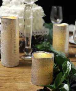 HIER_3720 Set Of 3 | Metallic Silver Flameless Candles | Battery Operated LED Pillar Candle Lights With Remote Timer - 4"|6"|8"
