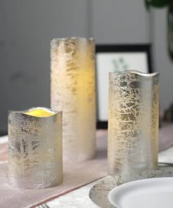 HIER_3720 Set Of 3 | Metallic Silver Flameless Candles | Battery Operated LED Pillar Candle Lights With Remote Timer - 4