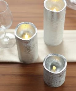 HIER_3720 Set Of 3 | Metallic Silver Flameless Candles | Battery Operated LED Pillar Candle Lights With Remote Timer - 4