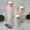 HIER_3720 Set Of 3 | Metallic Silver Flameless Candles | Battery Operated LED Pillar Candle Lights With Remote Timer - 4"|6"|8"