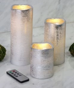 HIER_3720 Set Of 3 | Metallic Silver Flameless Candles | Battery Operated LED Pillar Candle Lights With Remote Timer - 4"|6"|8"