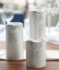 HIER_3720 Set Of 3 | Metallic Silver Flameless Candles | Battery Operated LED Pillar Candle Lights With Remote Timer - 4