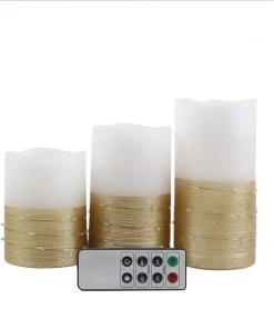 HIER_3720 Set Of 3 | Gold Flameless Candles With LED String Light | Battery Operated LED Pillar Candle Lights With Remote Timer - 4