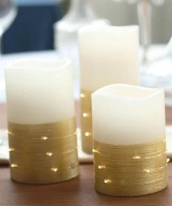 HIER_3720 Set Of 3 | Gold Flameless Candles With LED String Light | Battery Operated LED Pillar Candle Lights With Remote Timer - 4"|5"|6"
