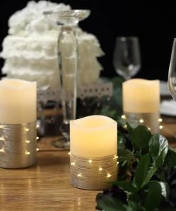 HIER_3720 Chargers & Centerpieces Set Of 3 | Silver Flameless Candles With LED String Light | Battery Operated LED Pillar Candle Lights With Remote Timer - 4"|5"|6"