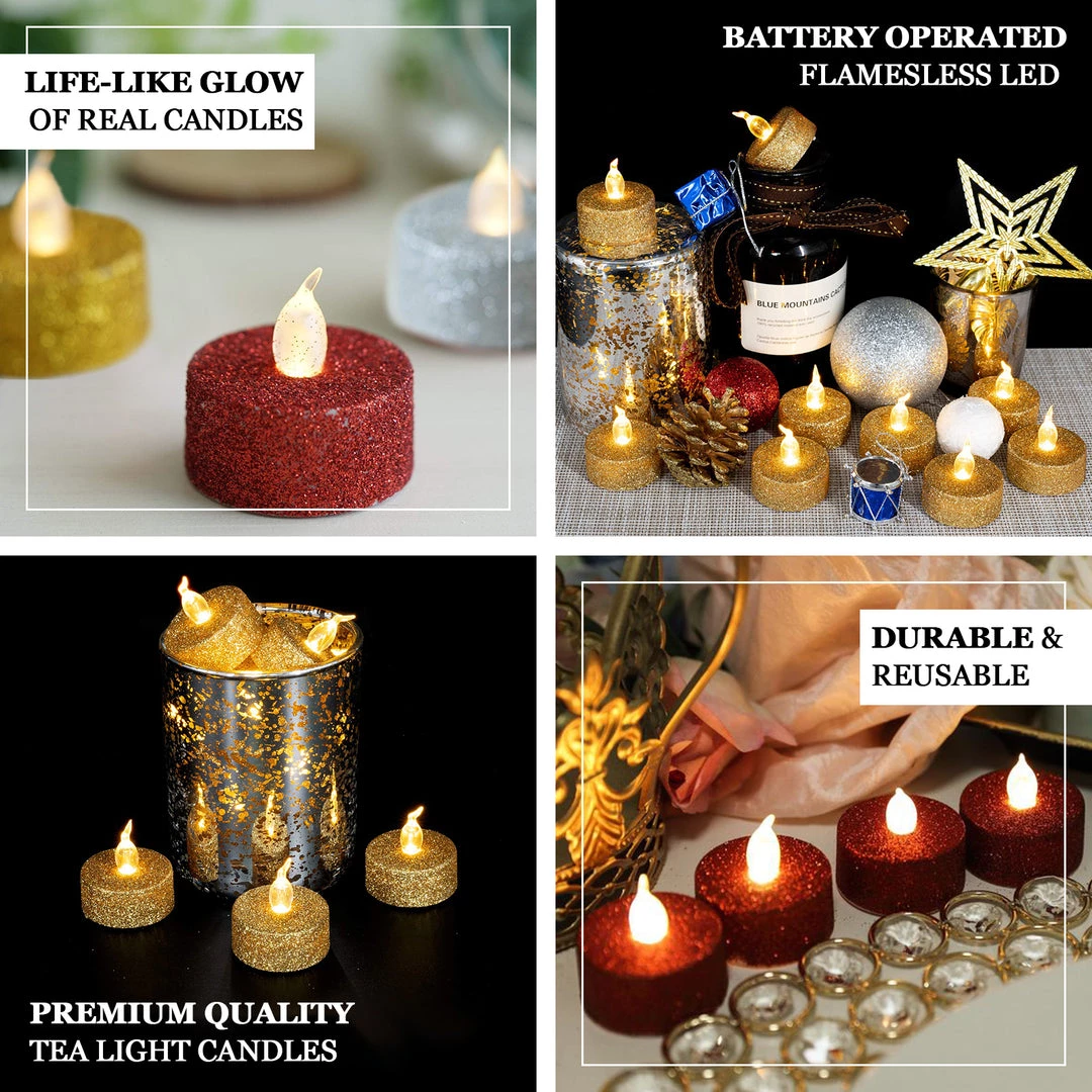 HIER_3720 12 Pack | Gold Glitter Flameless LED Candles | Battery Operated Tea Light Candles Chargers & Centerpieces 4 HIER_3720 12 Pack | Gold Glitter Flameless LED Candles | Battery Operated Tea Light Candles Chargers & Centerpieces