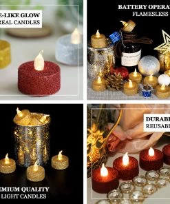 HIER_3720 12 Pack | Red Glitter Flameless LED Candles | Battery Operated Tea Light Candles