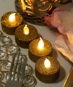 HIER_3720 12 Pack | Gold Glitter Flameless LED Candles | Battery Operated Tea Light Candles Chargers & Centerpieces 32 HIER_3720 12 Pack | Gold Glitter Flameless LED Candles | Battery Operated Tea Light Candles Chargers & Centerpieces