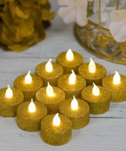 HIER_3720 12 Pack | Gold Glitter Flameless LED Candles | Battery Operated Tea Light Candles Chargers & Centerpieces