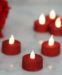 HIER_3720 12 Pack | Red Glitter Flameless LED Candles | Battery Operated Tea Light Candles