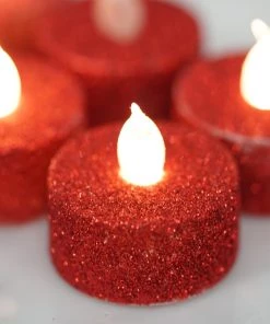 HIER_3720 12 Pack | Red Glitter Flameless LED Candles | Battery Operated Tea Light Candles