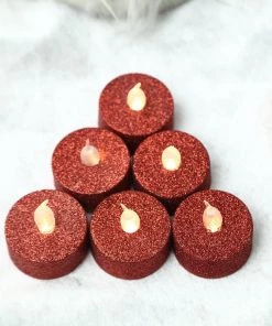 HIER_3720 12 Pack | Red Glitter Flameless LED Candles | Battery Operated Tea Light Candles