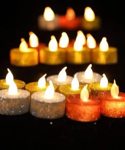 HIER_3720 12 Pack | Red Glitter Flameless LED Candles | Battery Operated Tea Light Candles