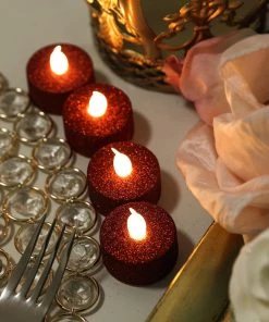 HIER_3720 12 Pack | Red Glitter Flameless LED Candles | Battery Operated Tea Light Candles