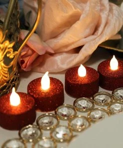HIER_3720 12 Pack | Red Glitter Flameless LED Candles | Battery Operated Tea Light Candles