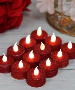 HIER_3720 12 Pack | Red Glitter Flameless LED Candles | Battery Operated Tea Light Candles