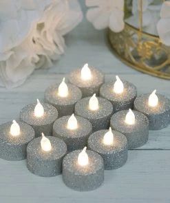 HIER_3720 12 Pack | Silver Glitter Flameless LED Candles | Battery Operated Tea Light Candles Chargers & Centerpieces