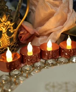 HIER_3720 Chargers & Centerpieces 12 Pack | Metallic Flameless LED Candles | Battery Operated Tea Light Candles | Blush / Rose Gold