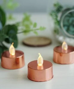 HIER_3720 Chargers & Centerpieces 12 Pack | Metallic Flameless LED Candles | Battery Operated Tea Light Candles | Blush / Rose Gold