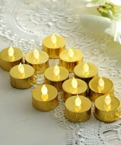 HIER_3720 12 Pack | Metallic Flameless LED Candles | Battery Operated Tea Light Candles | Gold