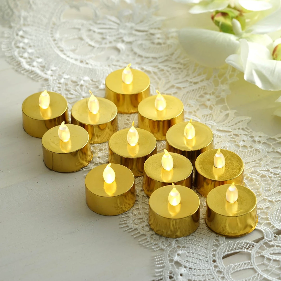HIER_3720 12 Pack | Metallic Flameless LED Candles | Battery Operated Tea Light Candles | Gold 1 HIER_3720 12 Pack | Metallic Flameless LED Candles | Battery Operated Tea Light Candles | Gold