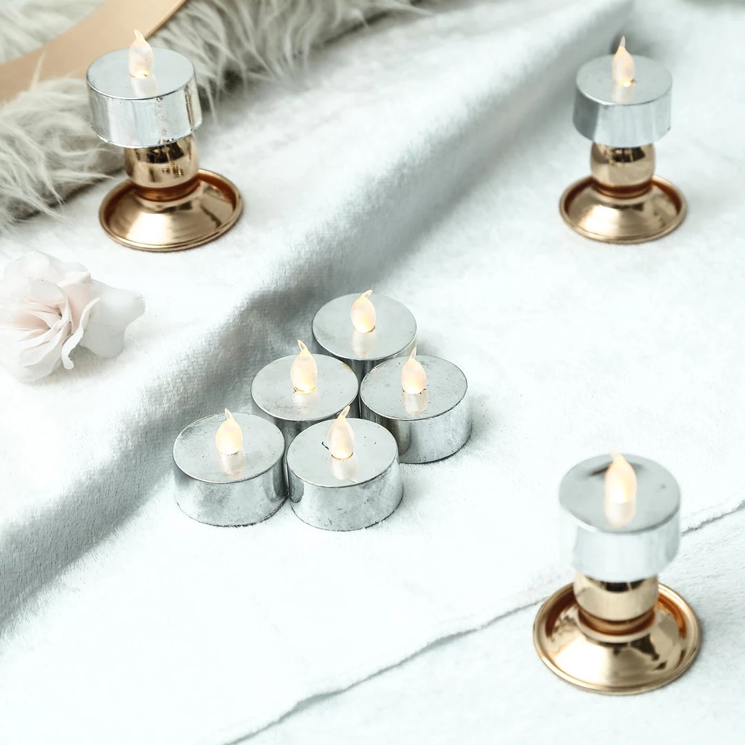 HIER_3720 12 Pack | Metallic Flameless LED Candles | Battery Operated Tea Light Candles | Silver 12 HIER_3720 12 Pack | Metallic Flameless LED Candles | Battery Operated Tea Light Candles | Silver