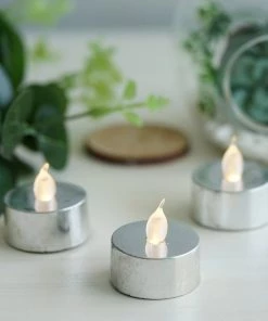 HIER_3720 12 Pack | Metallic Flameless LED Candles | Battery Operated Tea Light Candles | Silver