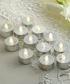 HIER_3720 12 Pack | Metallic Flameless LED Candles | Battery Operated Tea Light Candles | Silver