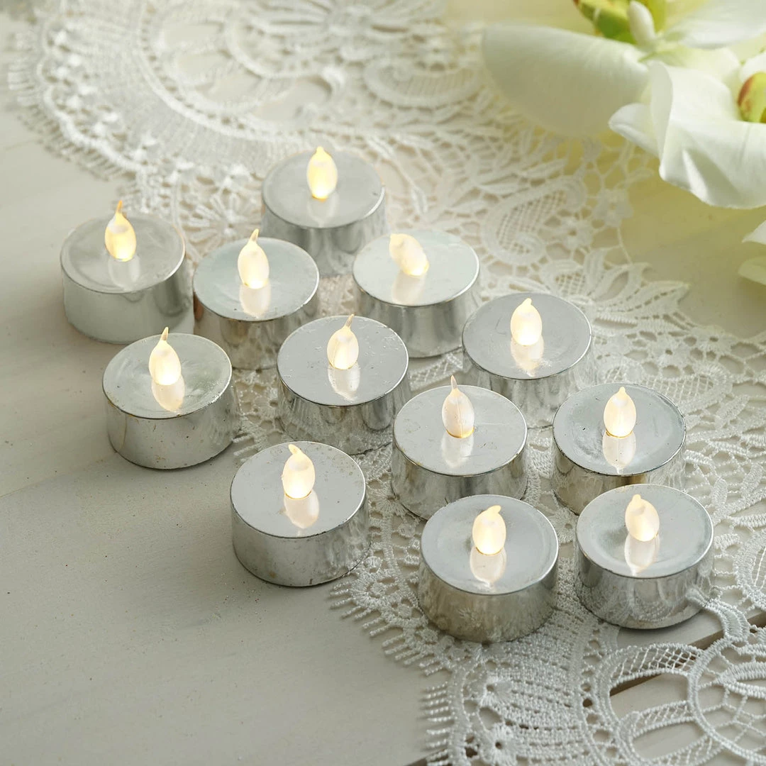 HIER_3720 12 Pack | Metallic Flameless LED Candles | Battery Operated Tea Light Candles | Silver 1 HIER_3720 12 Pack | Metallic Flameless LED Candles | Battery Operated Tea Light Candles | Silver
