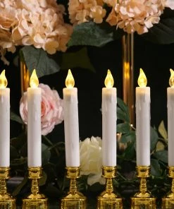 HIER_3830 Set Of 6 | 10" White Flickering Flameless Battery Operated LED Taper Candles With Removable Gold Candle Holders, Window Candles