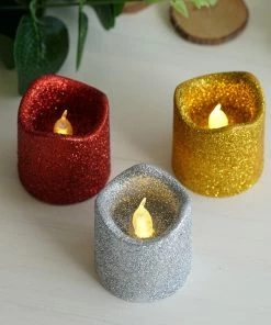 HIER_3720 12 Pack | Gold Glitter Flameless Candles LED | Battery Operated Votive Candles Chargers & Centerpieces