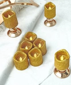 HIER_3720 12 Pack | Gold Glitter Flameless Candles LED | Battery Operated Votive Candles Chargers & Centerpieces