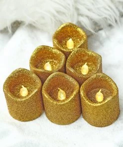 HIER_3720 12 Pack | Gold Glitter Flameless Candles LED | Battery Operated Votive Candles Chargers & Centerpieces