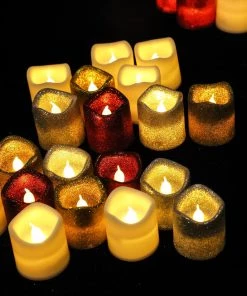 HIER_3720 12 Pack | Gold Glitter Flameless Candles LED | Battery Operated Votive Candles Chargers & Centerpieces
