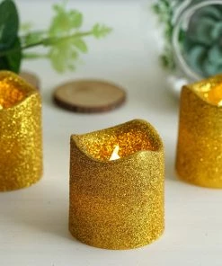 HIER_3720 12 Pack | Gold Glitter Flameless Candles LED | Battery Operated Votive Candles Chargers & Centerpieces