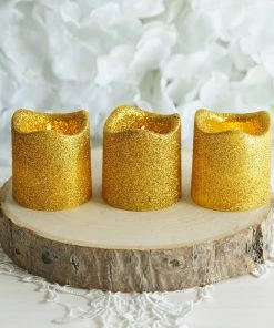 HIER_3720 12 Pack | Gold Glitter Flameless Candles LED | Battery Operated Votive Candles Chargers & Centerpieces