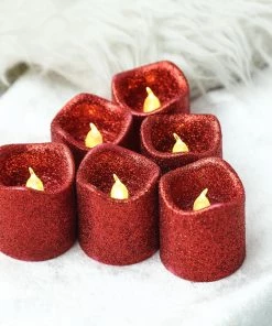 HIER_3720 12 Pack | Red Glitter Flameless Candles LED | Battery Operated Votive Candles Chargers & Centerpieces