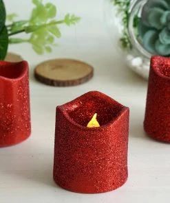 HIER_3720 12 Pack | Red Glitter Flameless Candles LED | Battery Operated Votive Candles Chargers & Centerpieces