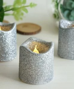 HIER_3720 12 Pack | Silver Glitter Flameless Candles LED | Battery Operated Votive Candles