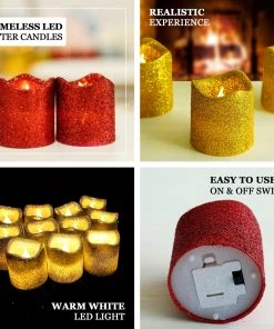 HIER_3720 12 Pack | Gold Glitter Flameless Candles LED | Battery Operated Votive Candles Chargers & Centerpieces