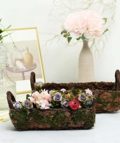 HIER_1600 Set Of 2 | Preserved Moss Planter Box Flower Baskets With Handle - 13" & 15" Chargers & Centerpieces